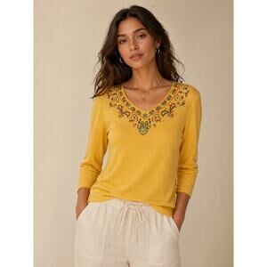 Orvis Yellow Embroidered V Neck Top Womens Size L Casual Cotton